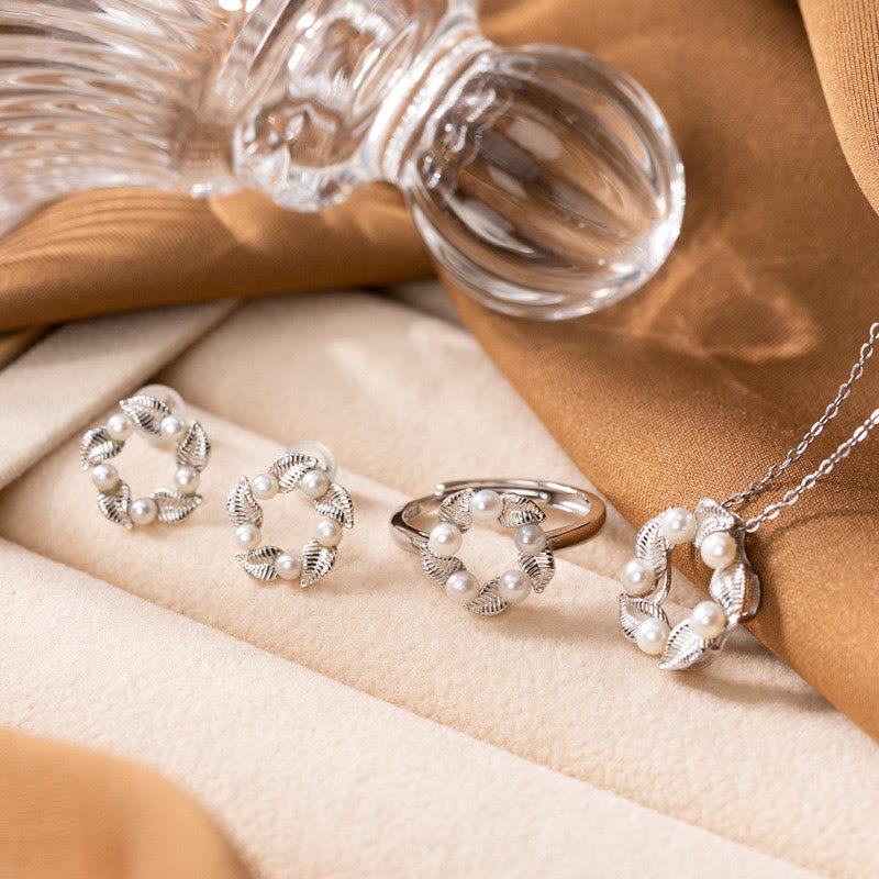 Juego de pendientes y anillo con colgante de sabiduría curativa con diseño de hoja de perlas de plata de ley 925 con Buddha Stones - 3 piezas (collar, pendientes y anillo) - image 0