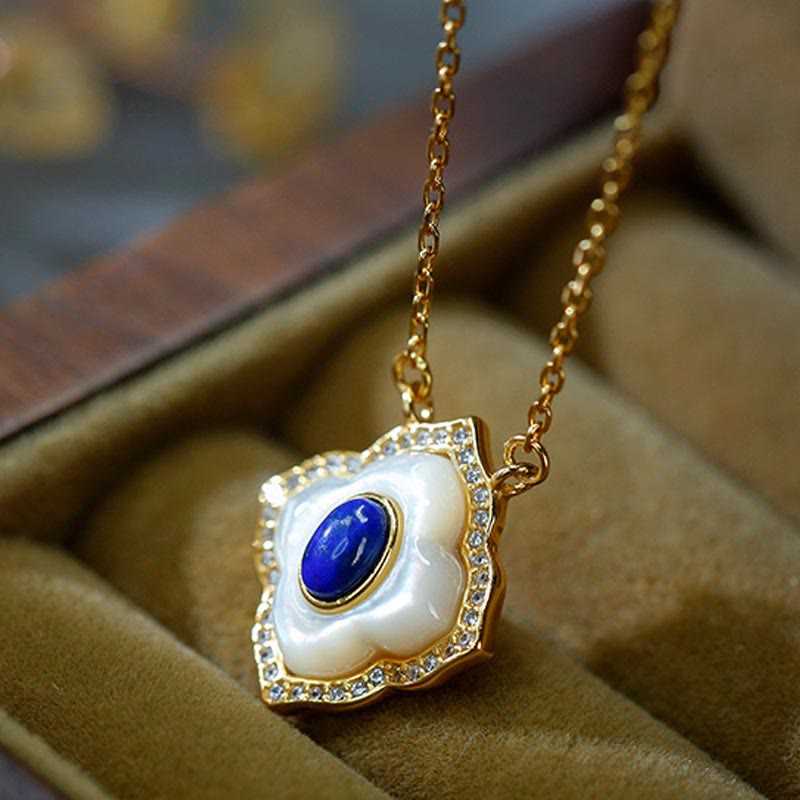 Buddha Stones de Plata de Ley 925, piedra Tridacna, lazurita, diseño prismático, pendientes de bendición, collar, colgante, conjunto de joyería - Collar - image 1