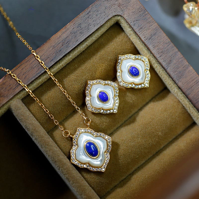 Buddha Stones de Plata de Ley 925, piedra Tridacna, lazurita, diseño prismático, pendientes de bendición, collar, colgante, conjunto de joyería - 2 piezas (collar y pendientes) - image 0