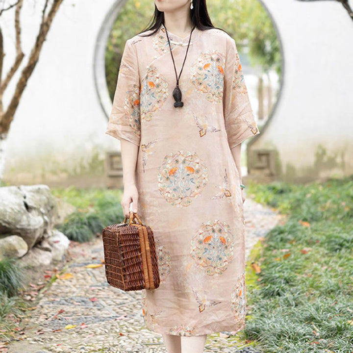 Vestido midi cheongsam con estampado de pájaros y flores naranjas de Buddha Stones Vestido de media manga de lino y algodón con bolsillos - 2XL(busto 112 cm/hombro 42 cm/largo 114 cm) - image 0