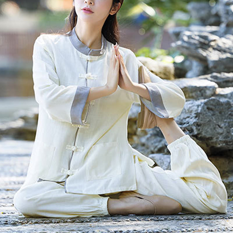 Conjunto de 2 piezas de camisa de manga larga con botones de rana y pantalones de meditación Zen Tai Chi, ropa de lino y algodón para mujer - image 1