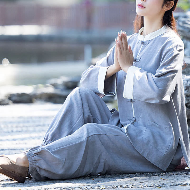 Conjunto de 2 piezas de camisa de manga larga con botones de rana y pantalones de meditación Zen Tai Chi, ropa de lino y algodón para mujer - image 7