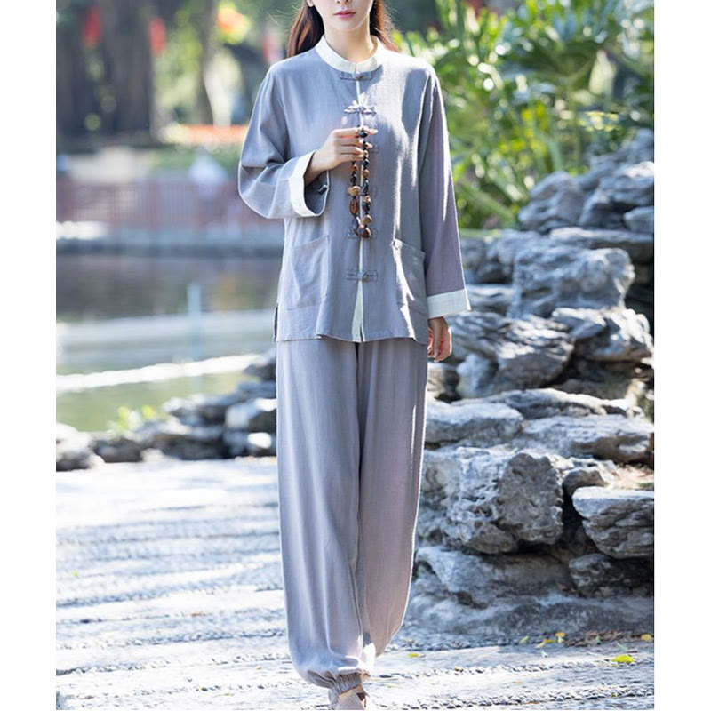 Conjunto de 2 piezas de camisa de manga larga con botones de rana y pantalones de meditación Zen Tai Chi, ropa de lino y algodón para mujer - image 8
