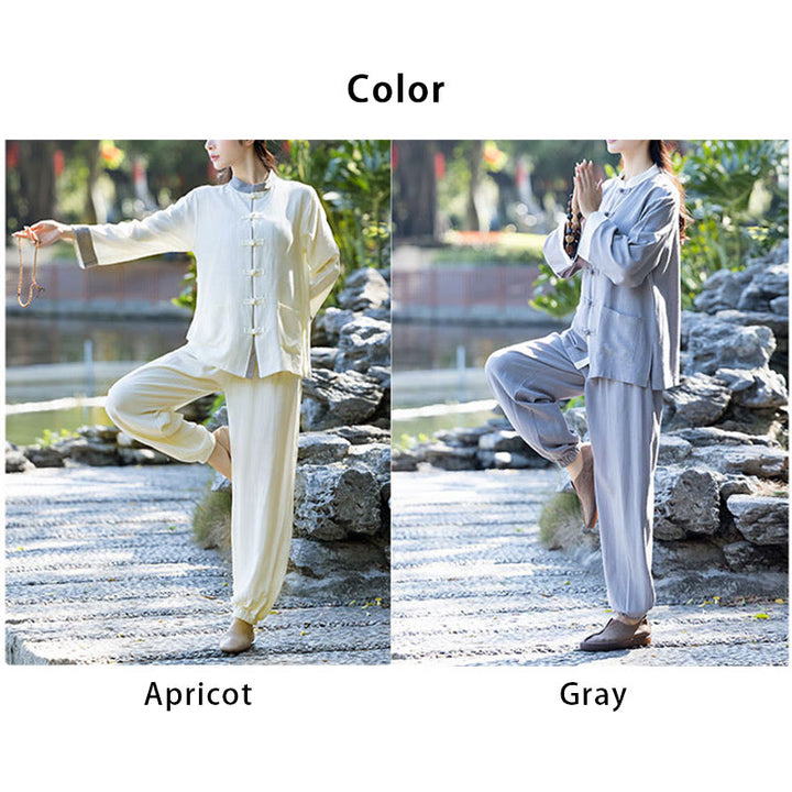 Conjunto de 2 piezas de camisa de manga larga con botones de rana y pantalones de meditación Zen Tai Chi, ropa de lino y algodón para mujer - image 13