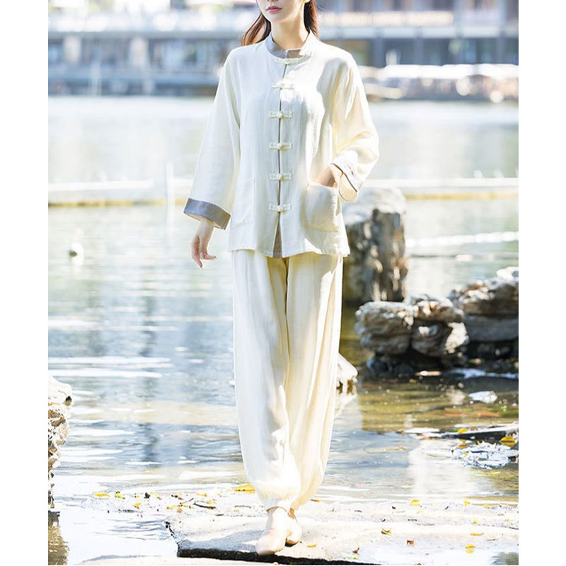 Conjunto de 2 piezas de camisa de manga larga con botones de rana y pantalones de meditación Zen Tai Chi, ropa de lino y algodón para mujer - image 4
