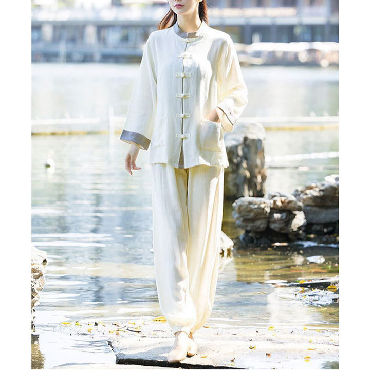 Conjunto de 2 piezas de camisa de manga larga con botones de rana y pantalones de meditación Zen Tai Chi, ropa de lino y algodón para mujer - image 4