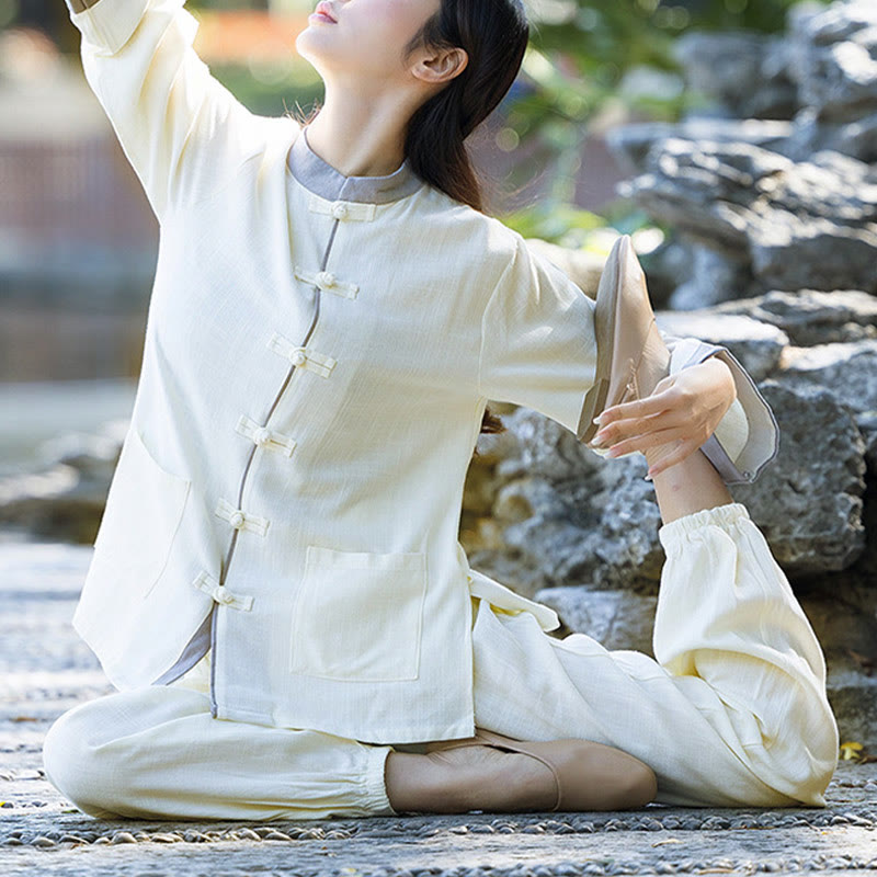 Conjunto de 2 piezas de camisa de manga larga con botones de rana y pantalones de meditación Zen Tai Chi, ropa de lino y algodón para mujer - image 2