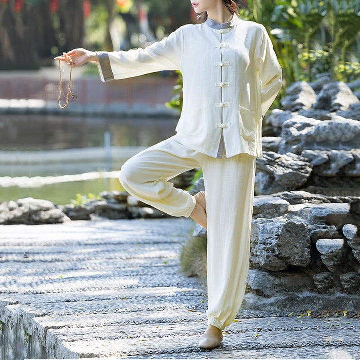 Conjunto de 2 piezas de camisa de manga larga con botones de rana y pantalones de meditación Zen Tai Chi, ropa de lino y algodón para mujer - Beige (Top y pantalones) - US8-10，UK/AU12-14，EU40-42 (2XL) - image 0