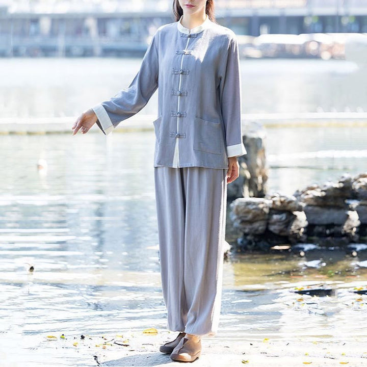 Conjunto de 2 piezas de camisa de manga larga con botones de rana y pantalones de meditación Zen Tai Chi, ropa de lino y algodón para mujer - Gris (Top y pantalones) - US8-10，UK/AU12-14，EU40-42 (2XL) - image 5