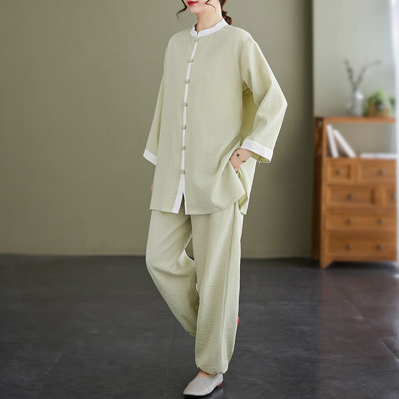 Conjunto de ropa de lino y algodón para mujer, camisa de manga larga Vintage, Top, pantalones, meditación Zen, Tai Chi, Buddha Stones