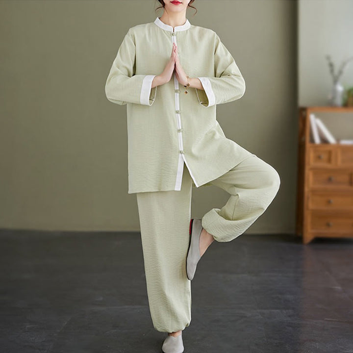 Conjunto de ropa de lino y algodón para mujer, camisa de manga larga Vintage, Top, pantalones, meditación Zen, Tai Chi, Buddha Stones