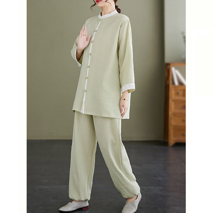Conjunto de ropa de lino y algodón para mujer, camisa de manga larga Vintage, Top, pantalones, meditación Zen, Tai Chi, Buddha Stones
