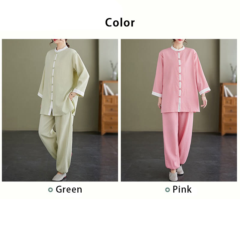 Conjunto de ropa de lino y algodón para mujer, camisa de manga larga Vintage, Top, pantalones, meditación Zen, Tai Chi, Buddha Stones