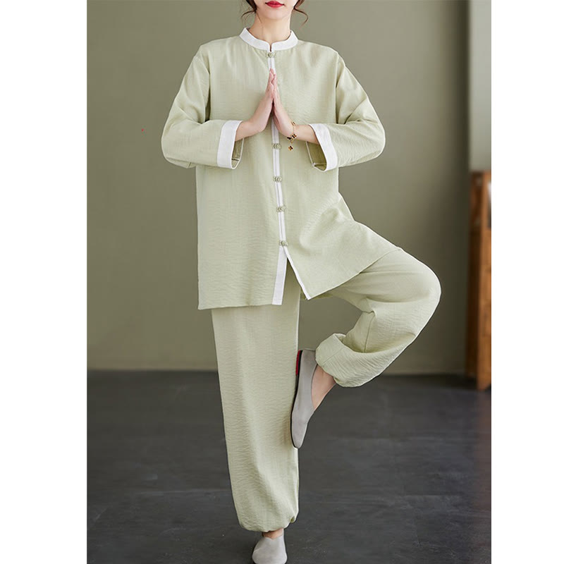 Conjunto de ropa de lino y algodón para mujer, camisa de manga larga Vintage, Top, pantalones, meditación Zen, Tai Chi, Buddha Stones