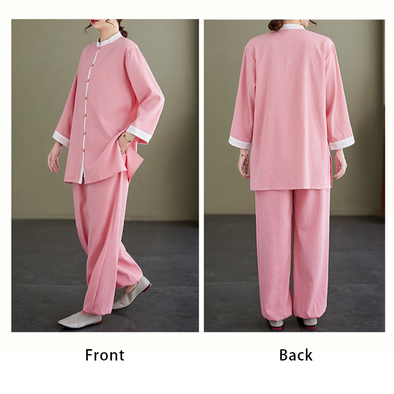 Conjunto de ropa de lino y algodón para mujer, camisa de manga larga Vintage, Top, pantalones, meditación Zen, Tai Chi, Buddha Stones