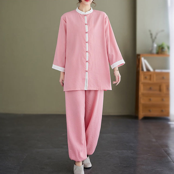 Conjunto de ropa de lino y algodón para mujer, camisa de manga larga Vintage, Top, pantalones, meditación Zen, Tai Chi, Buddha Stones