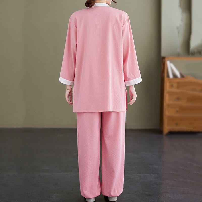 Conjunto de ropa de lino y algodón para mujer, camisa de manga larga Vintage, Top, pantalones, meditación Zen, Tai Chi, Buddha Stones