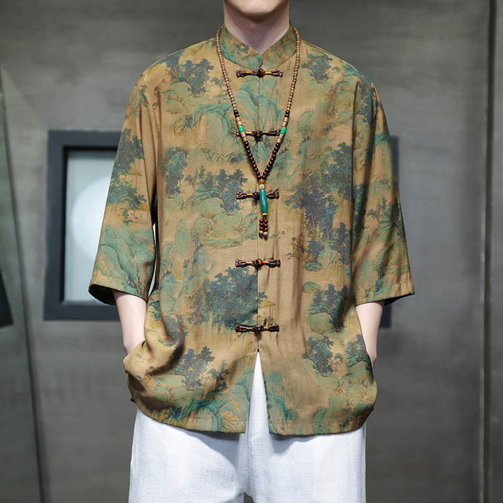 Camiseta de hombre con diseño de dragón chino y paisaje de Buddha Stones , camiseta de manga tres cuartos china - Paisaje (solo superior) - US/UK/AU46, EU56 (5XL)  - image 0