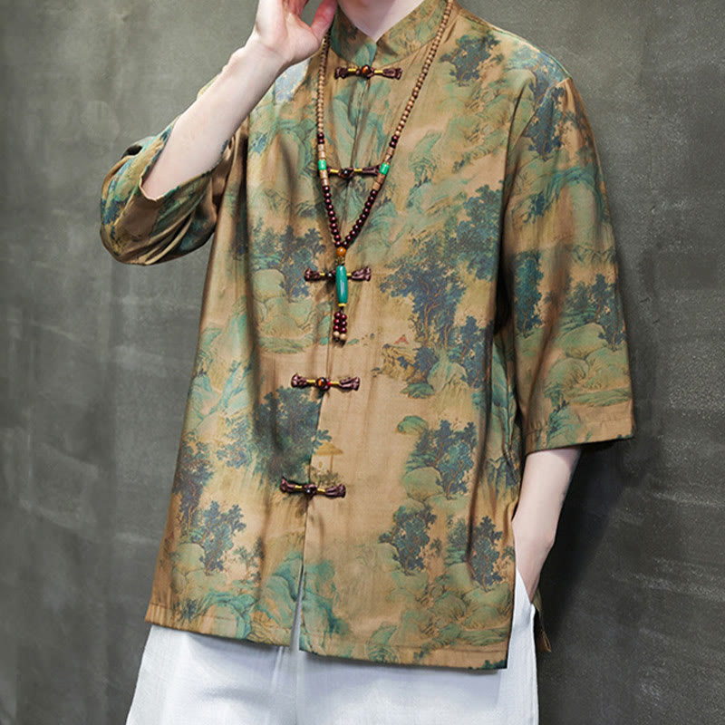 Camiseta de hombre con diseño de dragón chino y paisaje de Buddha Stones , camiseta de manga tres cuartos china - image 1