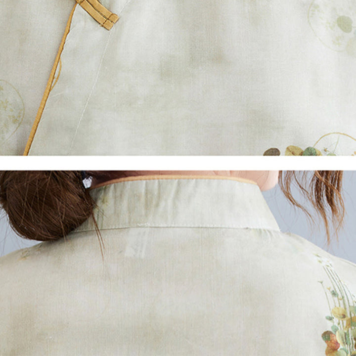 Vestido midi cheongsam con estampado de hojas verdes y amarillas y flores de piedras de Buddha Stones Vestido de manga tres cuartos con bolsillos - image 8