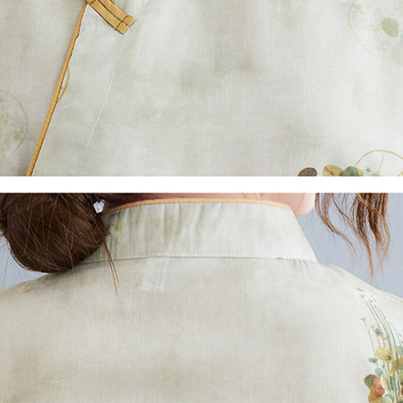 Vestido midi cheongsam con estampado de hojas verdes y amarillas y flores de piedras de Buddha Stones Vestido de manga tres cuartos con bolsillos - image 8