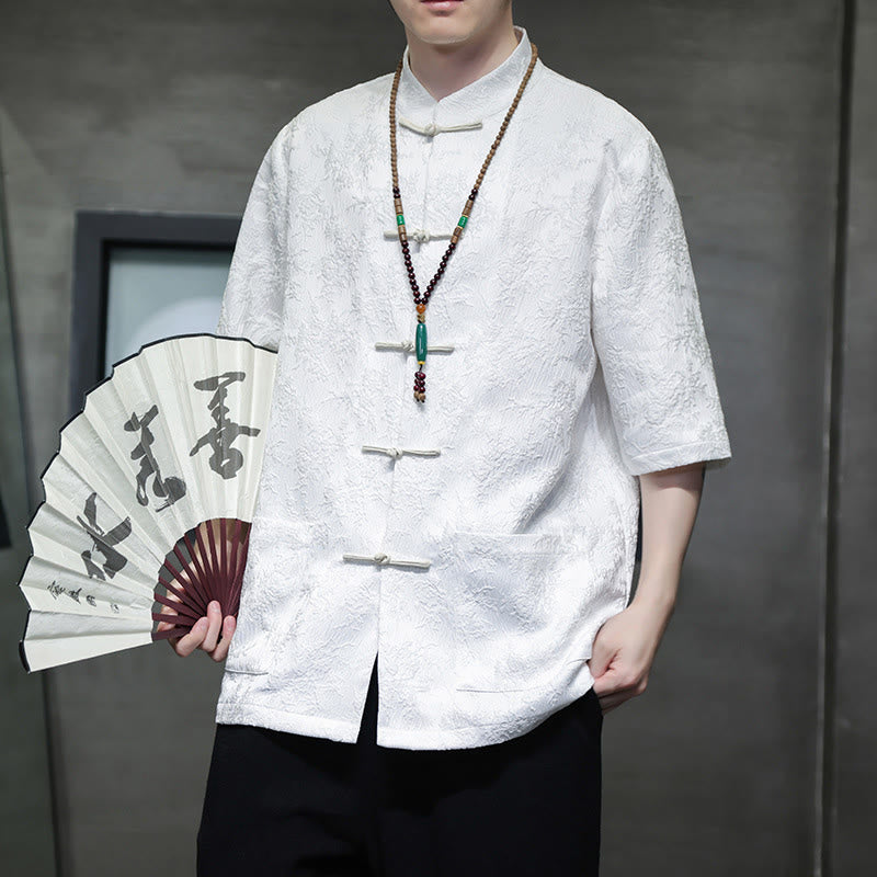 Camiseta china de media manga con botones de rana de Jacquard de Color sólido con Buddha Stones para hombre