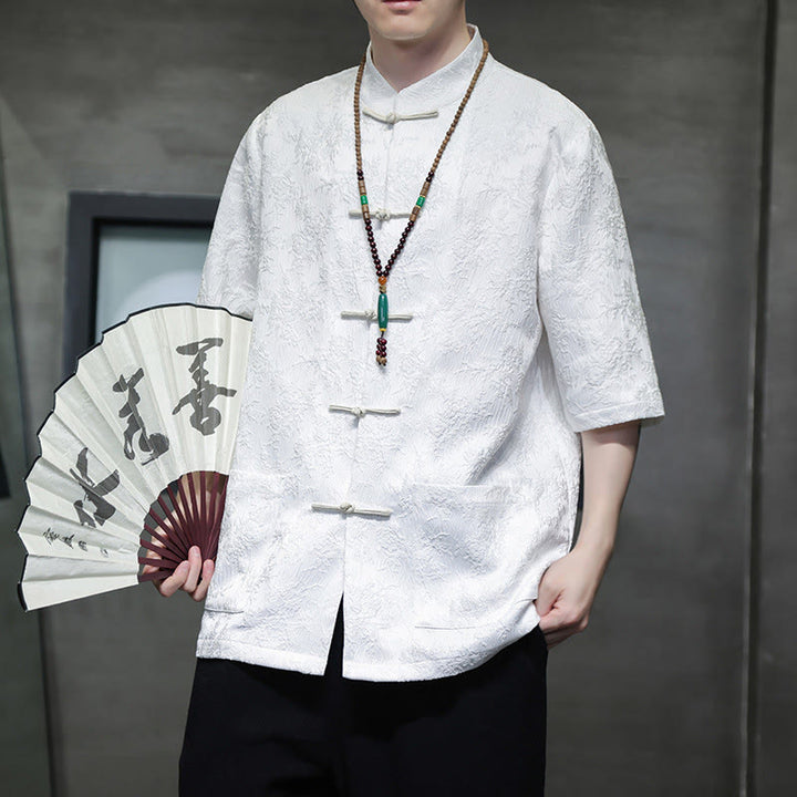 Camiseta china de media manga con botones de rana de Jacquard de Color sólido con Buddha Stones para hombre