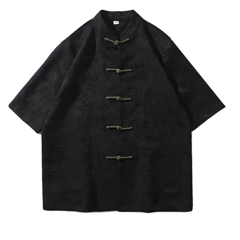 Camiseta china de media manga con botones de rana de Jacquard de Color sólido con Buddha Stones para hombre