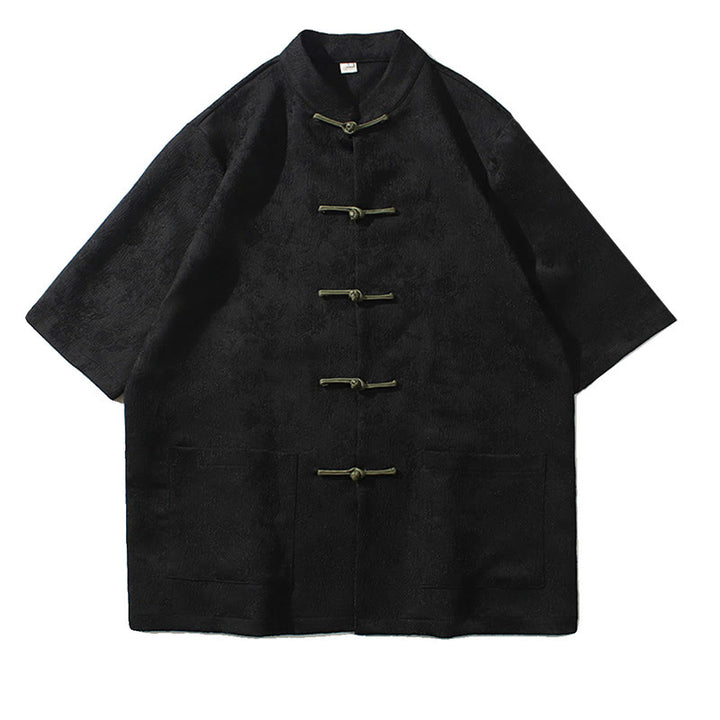 Camiseta china de media manga con botones de rana de Jacquard de Color sólido con Buddha Stones para hombre