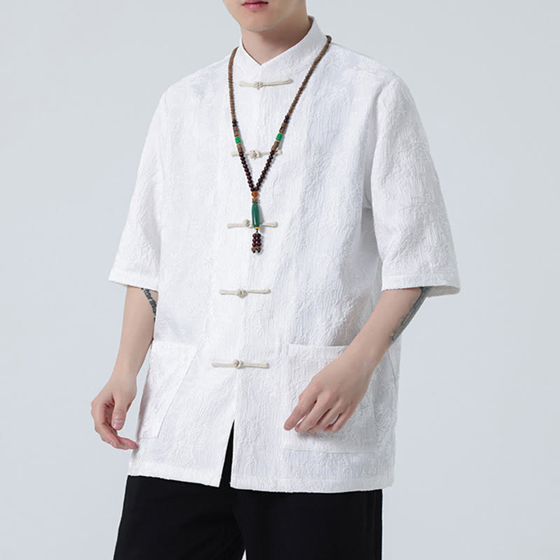 Camiseta china de media manga con botones de rana de Jacquard de Color sólido con Buddha Stones para hombre