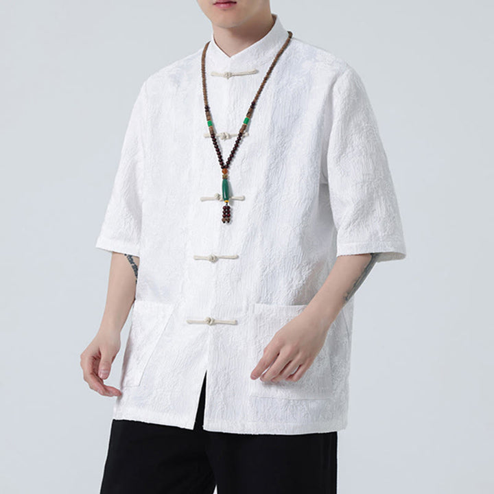 Camiseta china de media manga con botones de rana de Jacquard de Color sólido con Buddha Stones para hombre