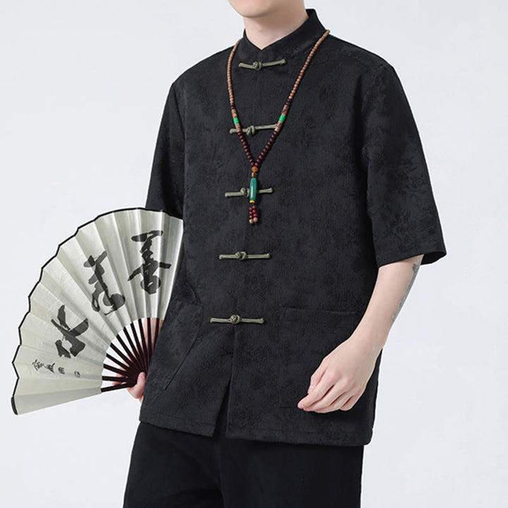 Camiseta china de media manga con botones de rana de Jacquard de Color sólido con Buddha Stones para hombre