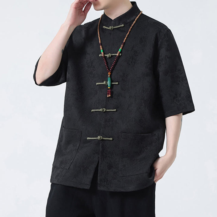 Camiseta china de media manga con botones de rana de Jacquard de Color sólido con Buddha Stones para hombre