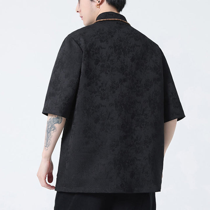 Camiseta china de media manga con botones de rana de Jacquard de Color sólido con Buddha Stones para hombre