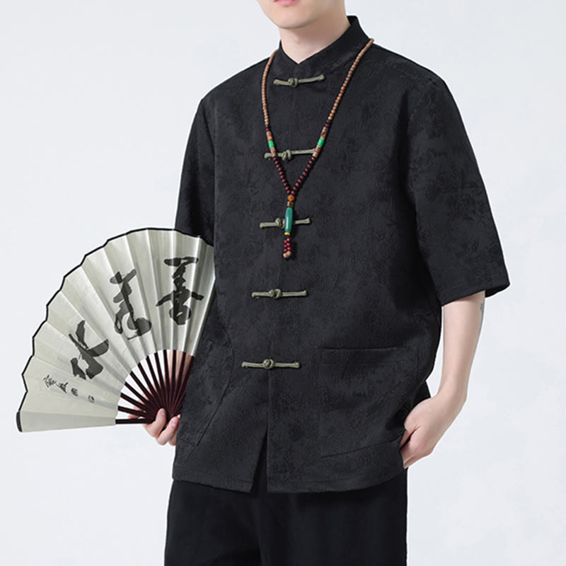 Camiseta china de media manga con botones de rana de Jacquard de Color sólido con Buddha Stones para hombre