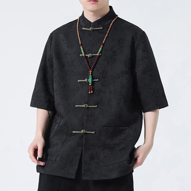 Camiseta china de media manga con botones de rana de Jacquard de Color sólido con Buddha Stones para hombre