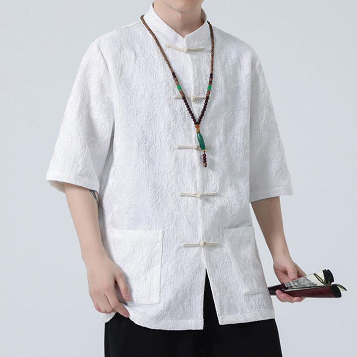 Camiseta china de media manga con botones de rana de Jacquard de Color sólido con Buddha Stones para hombre