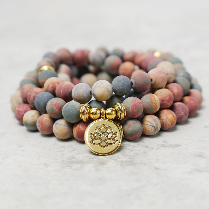 Pulsera de energía con 108 cuentas de Mala, piedra de jaspe Picasso, Buddha Stones