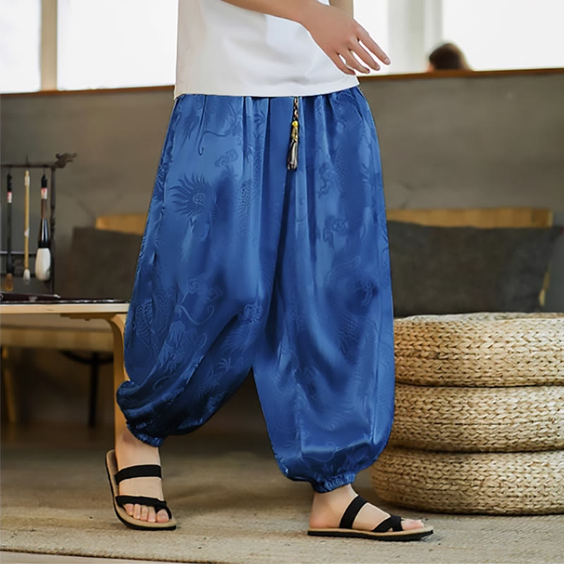 Pantalones bombachos holgados con estampado de dragón y Buddha Stones para hombre con bolsillos