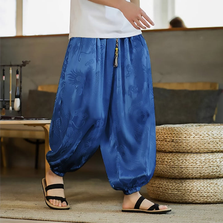 Pantalones bombachos holgados con estampado de dragón y Buddha Stones para hombre con bolsillos