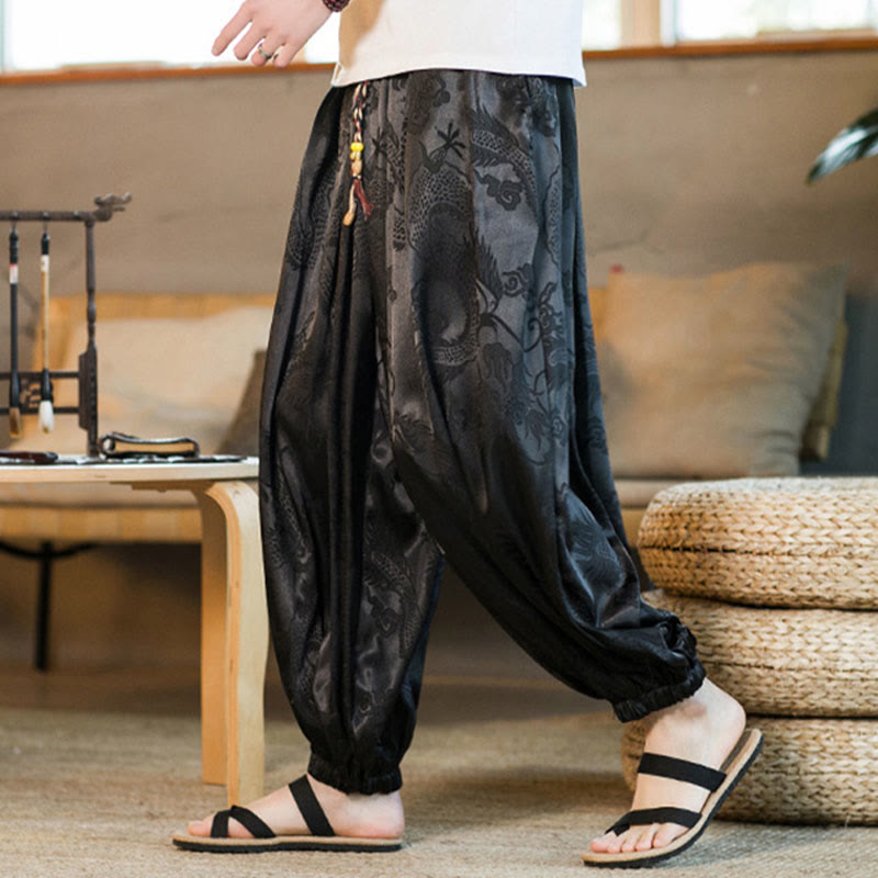 Pantalones bombachos holgados con estampado de dragón y Buddha Stones para hombre con bolsillos