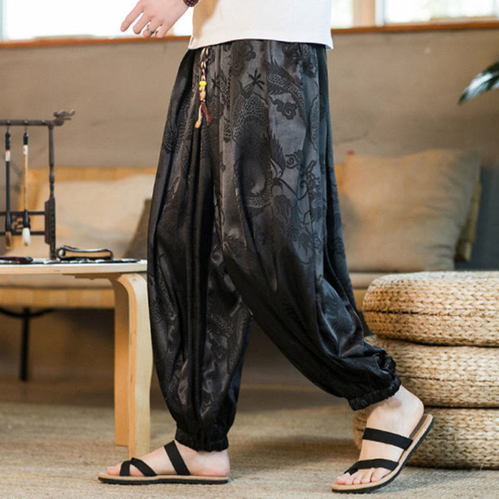 Pantalones bombachos holgados con estampado de dragón y Buddha Stones para hombre con bolsillos