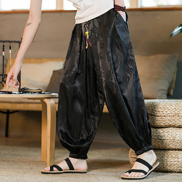 Pantalones bombachos holgados con estampado de dragón y Buddha Stones para hombre con bolsillos