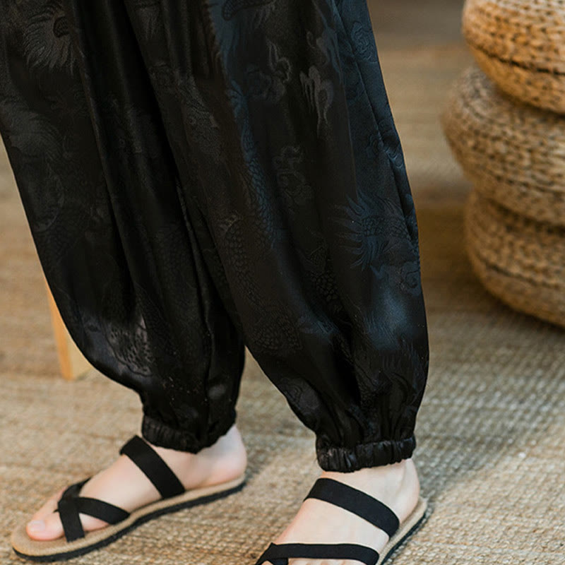 Pantalones bombachos holgados con estampado de dragón y Buddha Stones para hombre con bolsillos