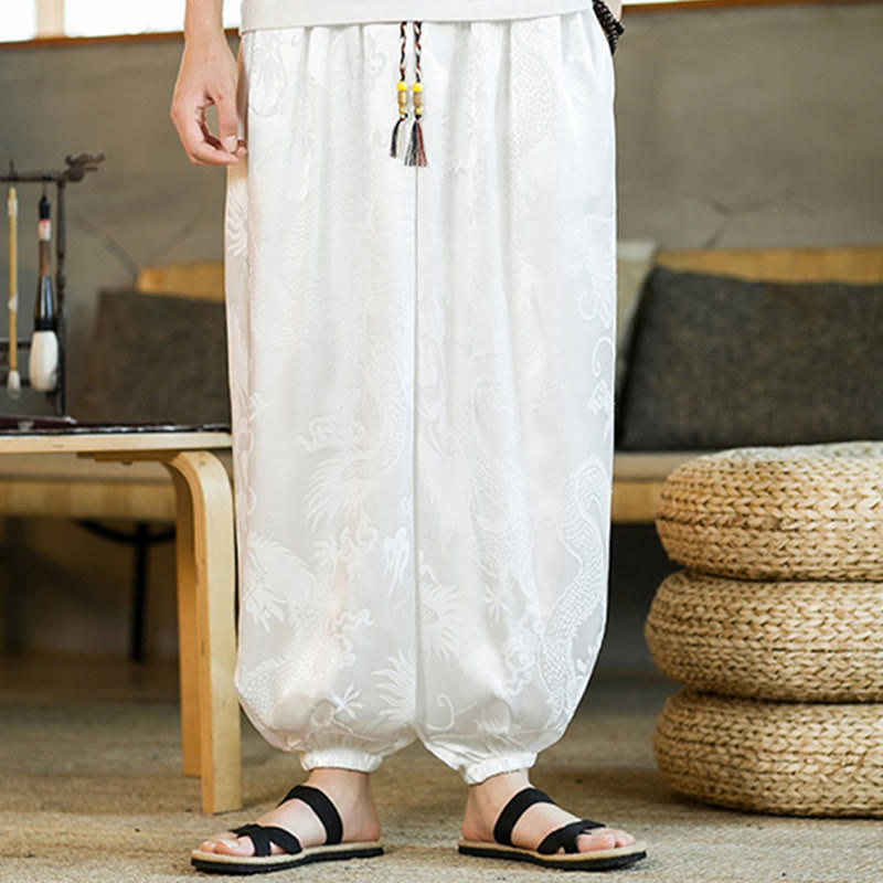 Pantalones bombachos holgados con estampado de dragón y Buddha Stones para hombre con bolsillos