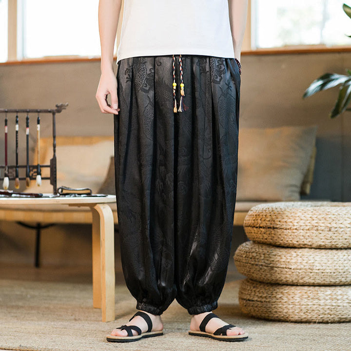 Pantalones bombachos holgados con estampado de dragón y Buddha Stones para hombre con bolsillos