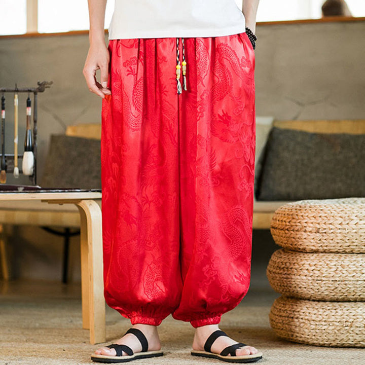 Pantalones bombachos holgados con estampado de dragón y Buddha Stones para hombre con bolsillos