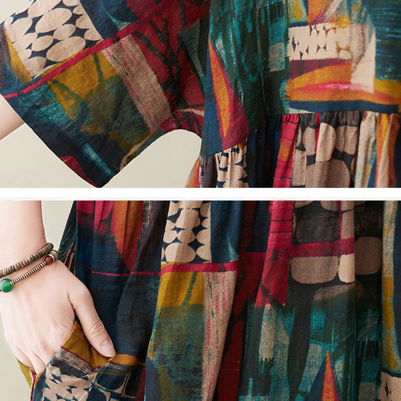 Vestido midi con estampado colorido de Buddha Stones Vestido estilo túnica de media manga de algodón con bolsillos - image 10