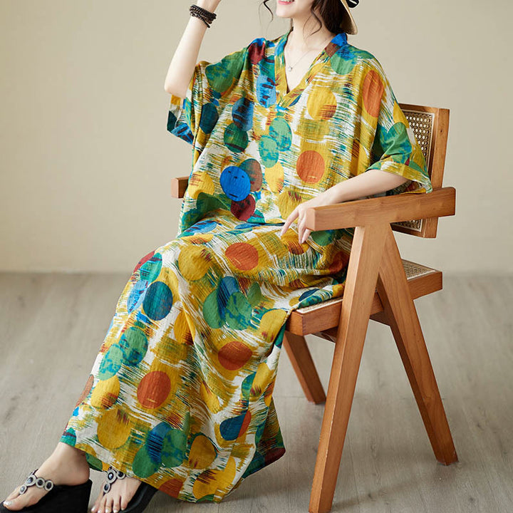 Vestido midi de lunares de colores azul naranja y piedras de Buddha Stones Vestido de media manga de algodón con bolsillos - image 6