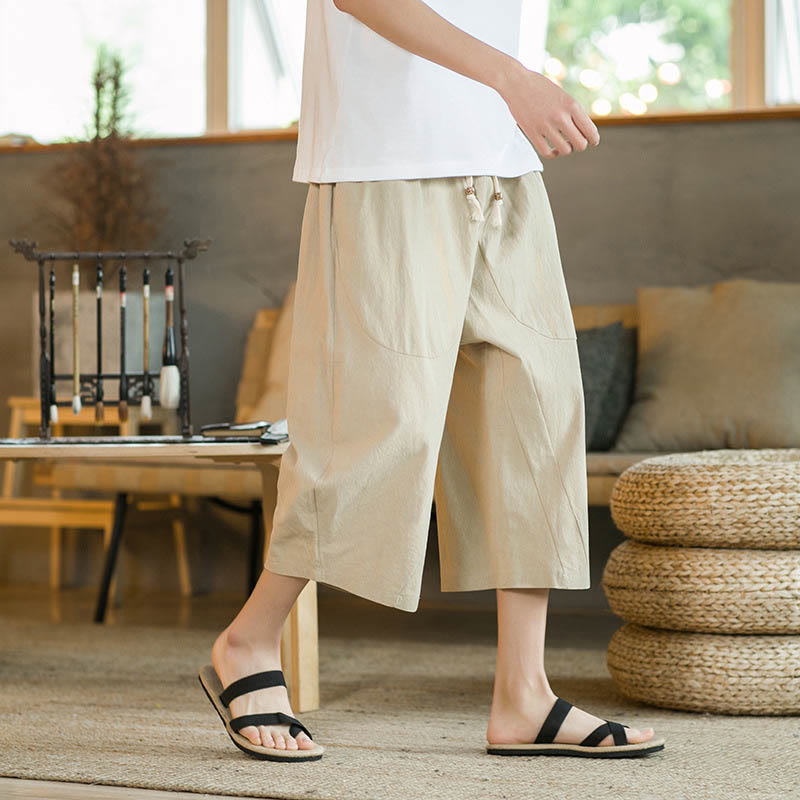 Pantalones de hombre de pierna ancha, de largo medio, con bolsillos, color liso y Buddha Stones. - Caqui - US/UK/AU46, EU56 (5XL) - image 2